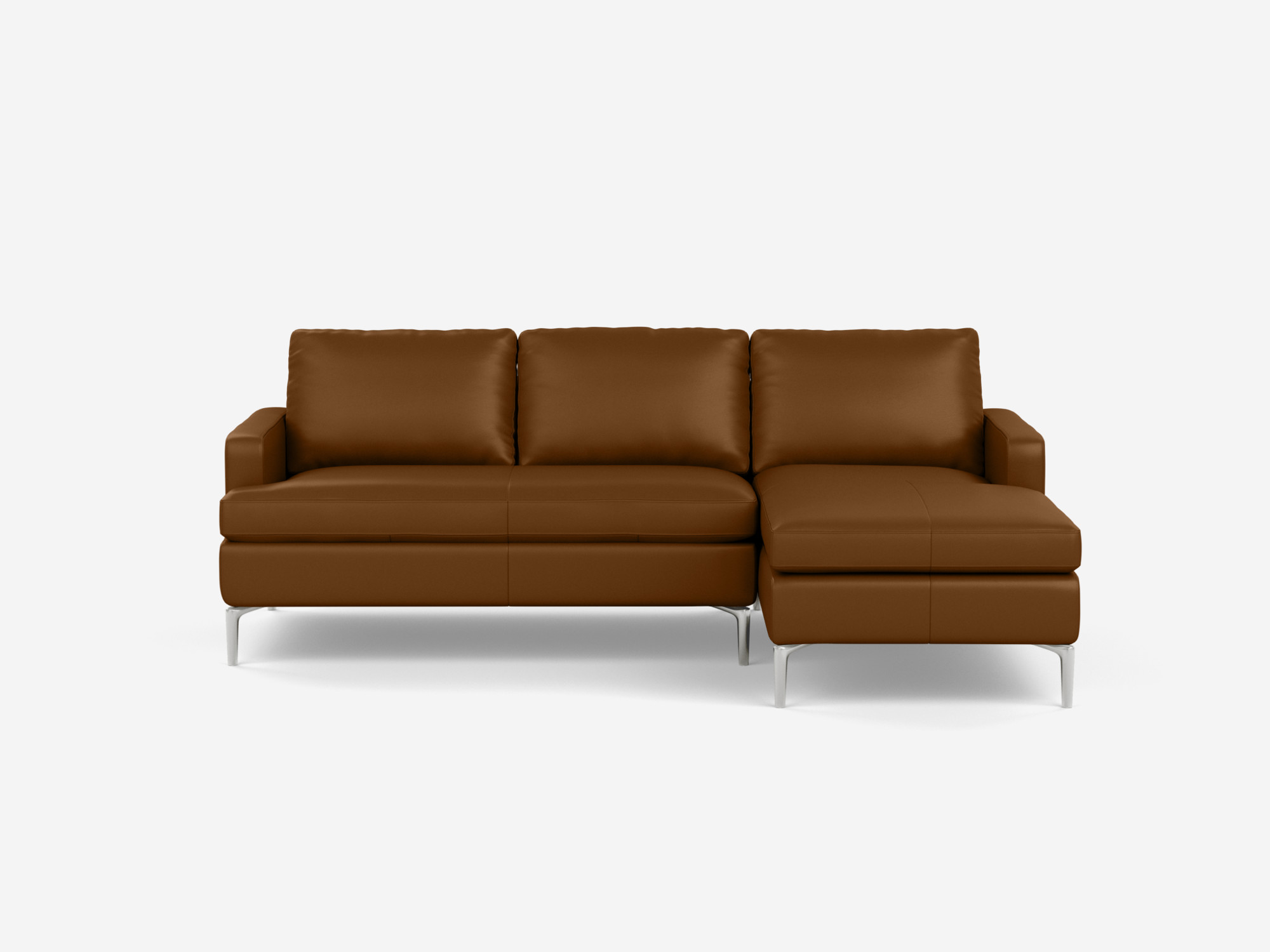 Front view of the Eve mid century sectional in brown leather with right chaise